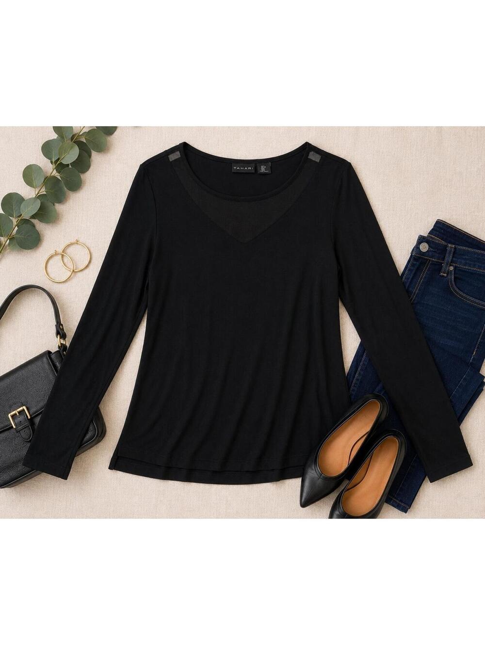 Tahari Black Long Sleeve Mesh Detail Top – Size Medium